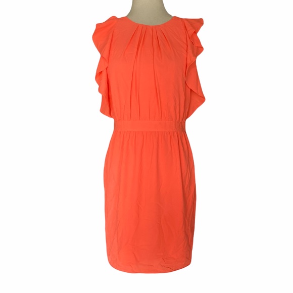 Shoshanna Katrina Blouson Flutter Ruffle Dress - Coral Orange - 4 - Picture 3 of 15